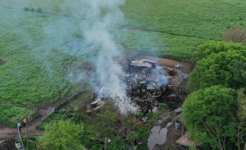 An aerial view of whats left of a barn fire located in the 19000 block of 1725 East Street on Friday, May 10, 2024 near Princeton. A box alarm was sent out shortly after 9:30p.m. on Thursday for Bureau County fire units. The fire was still smoking as of Friday morning.