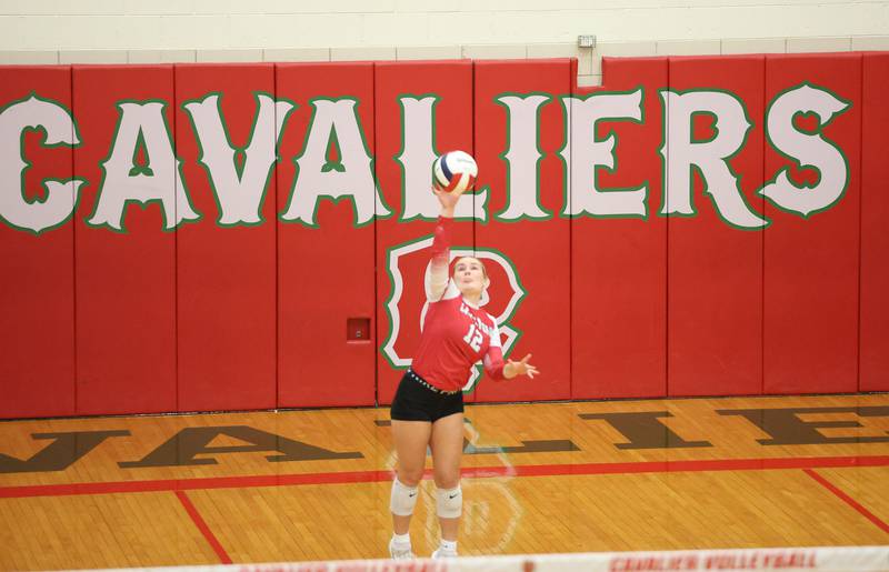 L-P's Emma Jereb serves the opening point during the Class 3A Sectional final game on Thursday, Nov. 6, 2025 in Sellett Gymnasium at L-P High School.