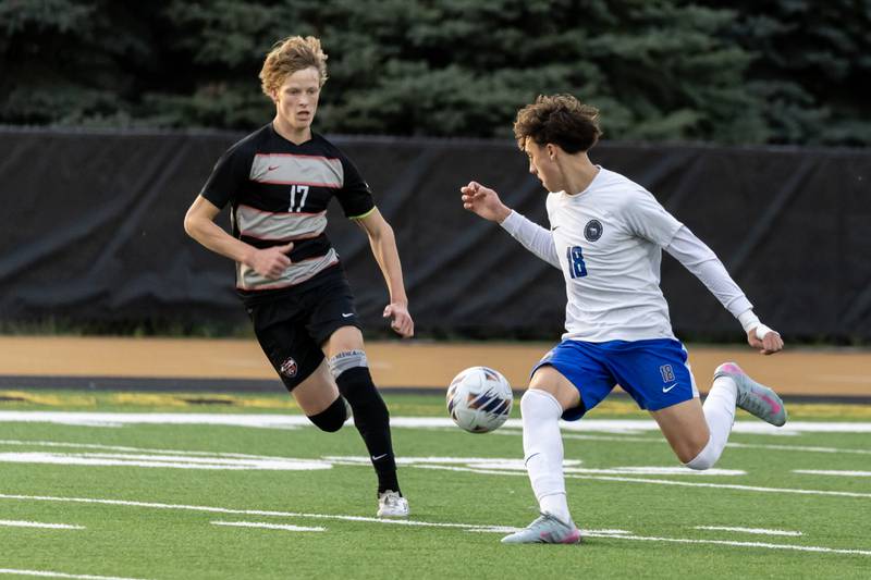 Lincoln-Way Central's Derrick Rafacz and Lincoln-Way East's Jacob Broderick face-off during the 3A Joliet West Sectional boys varsity soccer match at Joliet West on Oct. 29, 2025.