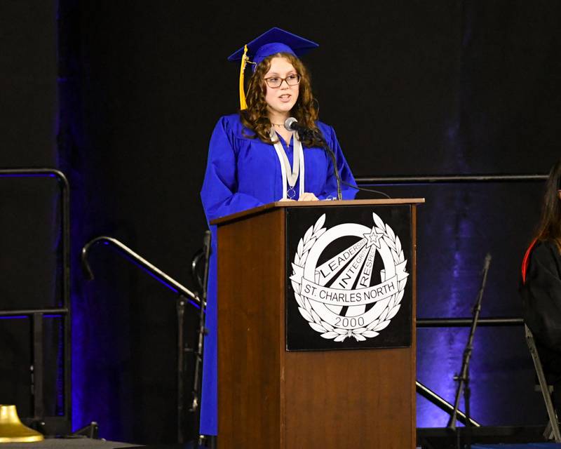 Holly Stone gives a student address at St. Charles North’s graduation ceremony on Monday, May 18, 2026, held at the Convocation Center in DeKalb.