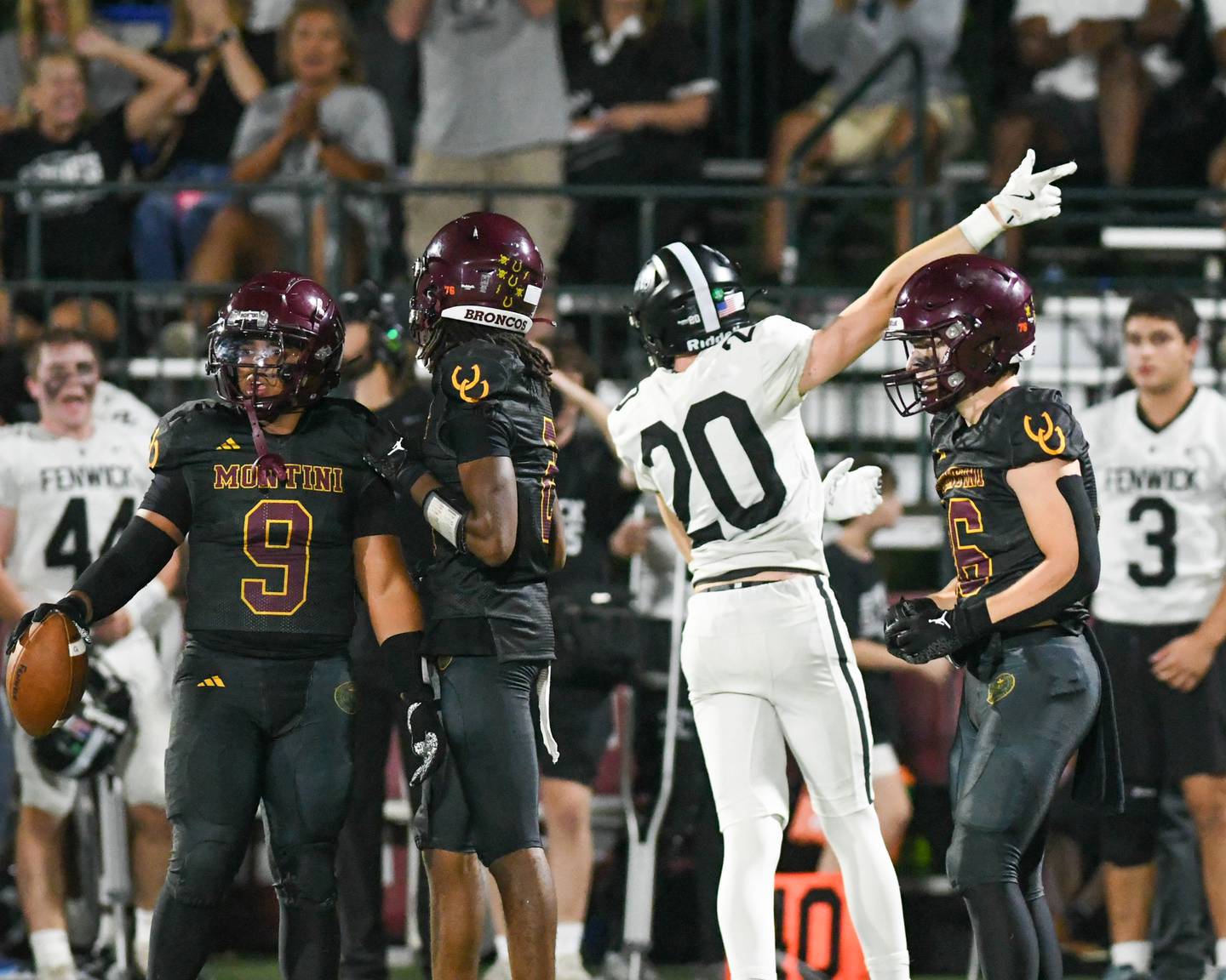 Fenwick's Jimmy Watts (20) celebrates his first down during the game on Friday Sept. 19, 2025, while traveling to take on Montini Catholic High School.