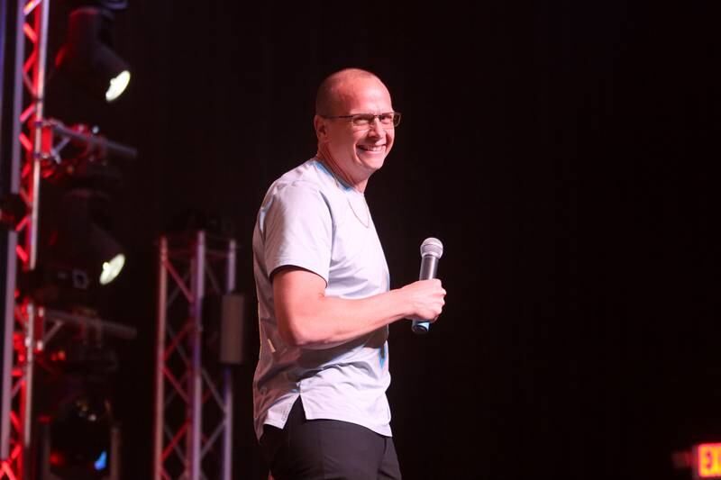 McHenry mayoral candidate and incumbent Wayne Jett hosted an election night party at The Vixen in McHenry on Tuesday, April 1, 2025. Jett approaches the stage to declare victory.