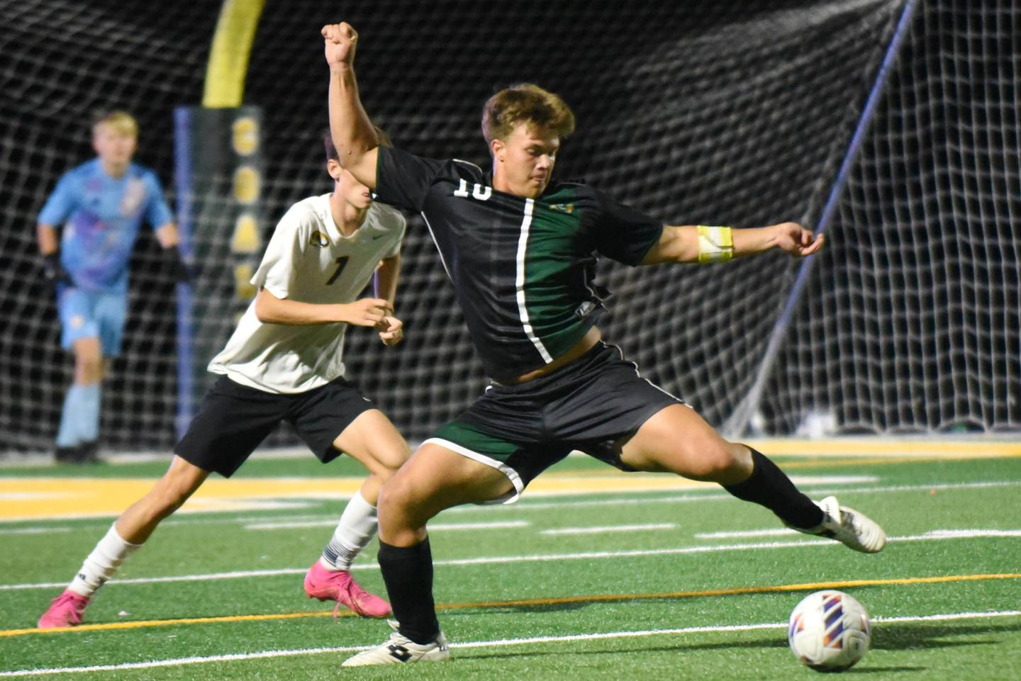 Coal City's Julian Micetich lunges to stop a Herscher pass during a home game Thursday, Oct. 2, 2025.