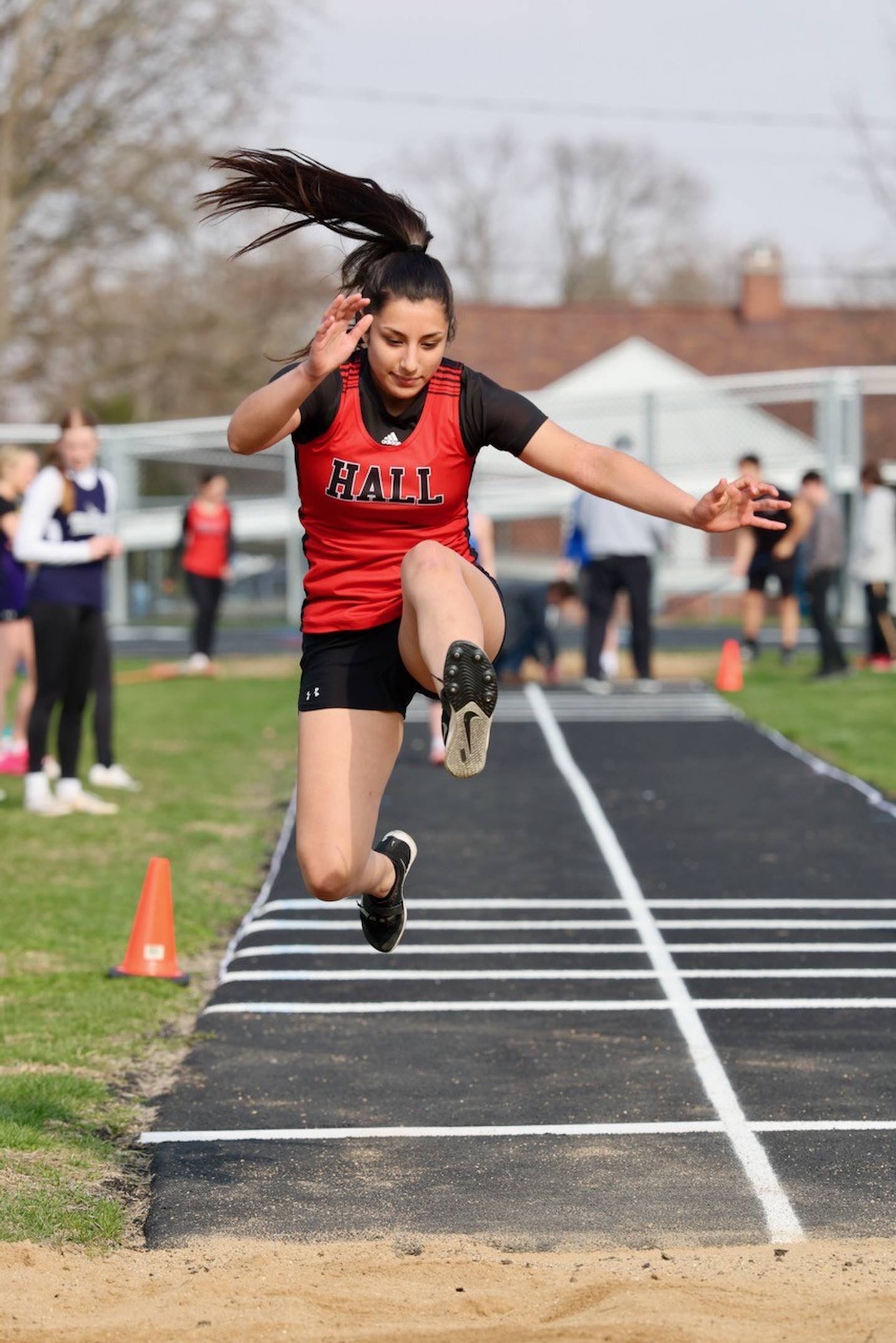 Hall's Natalia Zamora competes in the triple jump in Thursday's Howard-Monier Meet at Princeton. She placed second.