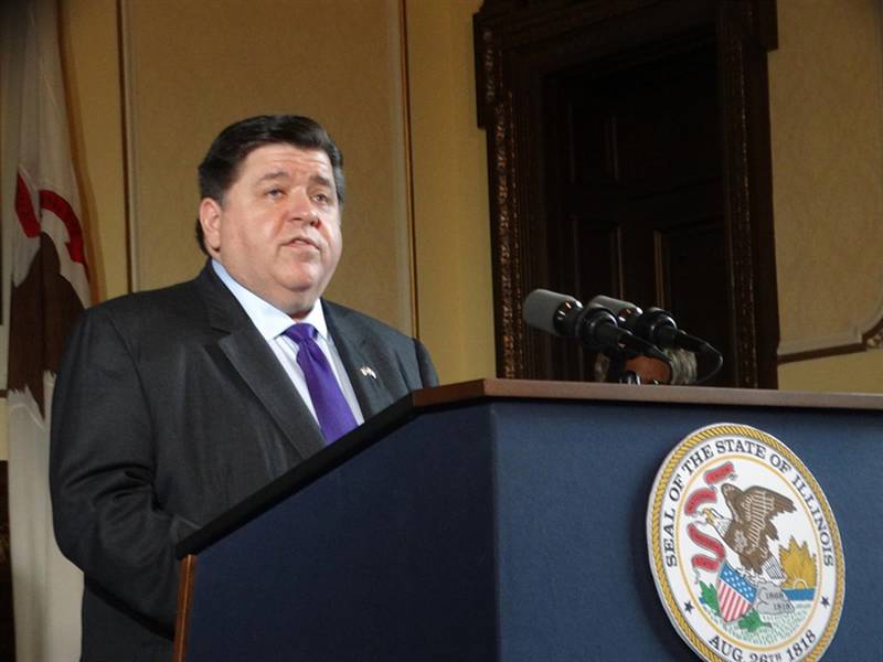 Gov. JB Pritzker speaks at a news conference in his office at the Capitol Thursday.