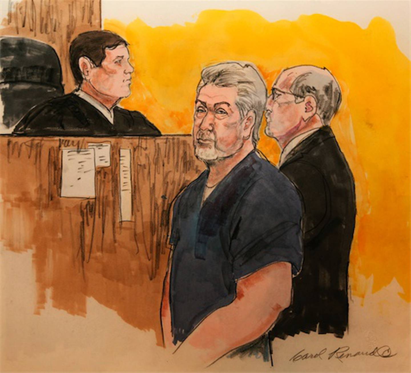 This 2009 sketch of Bolingbrook police officer Drew Peterson by courtroom artist Carol Renaud is seen at her Chicago home on Thursday. Artists have drawn legal proceedings since the Salem witch trials to the recent corruption trial of impeached Gov. Rod Blagojevich, but their ranks are thinning as states lift courtroom camera bans.