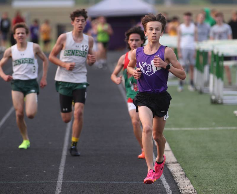 Dixon's Westin Conatser competes in the 3200 meter run during the Class 2A track sectional meet on Wednesday, May 17, 2023 at Geneseo High School.