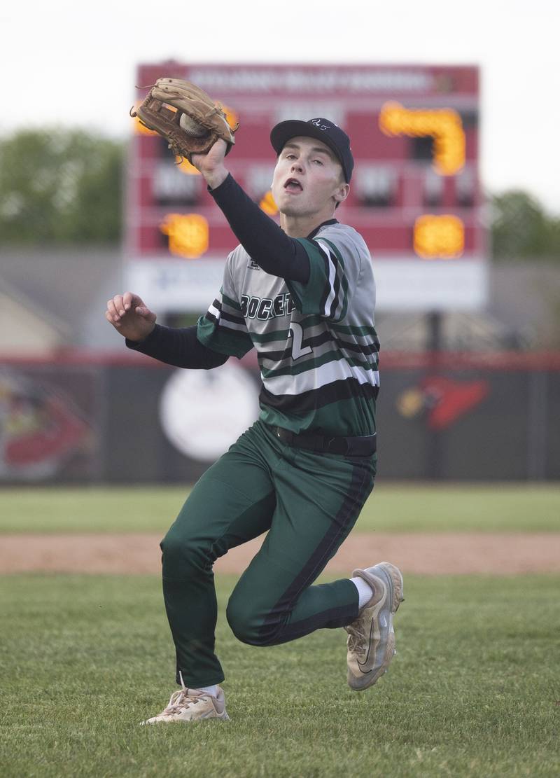 Rock Falls’ Ethan Mathews snags a pop-up against Oregon in the Stillman Valley Class 2A Regional semifinal Thursday, May 22, 2025.