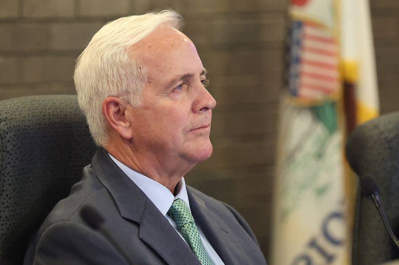 Mayor Terry D’Arcy listens to public speakers at the proposed data center at the City of Joliet City Council meeting on Monday, March 16, 2026 in Joliet.