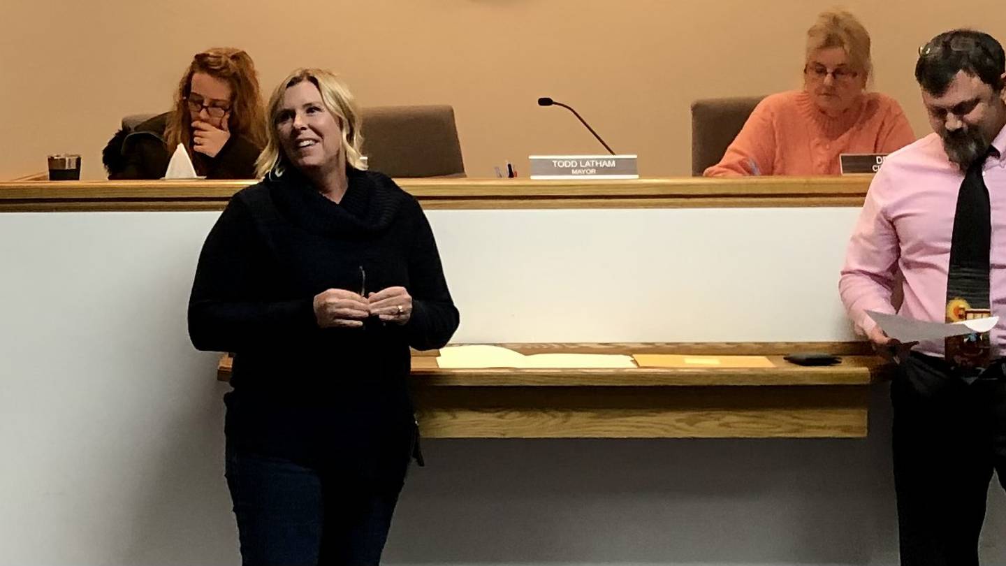 Sandwich police commissioner Amy Campbell spoke about her background with law enforcement before being sworn in at Sandwich City Hall on Dec. 5 2022.