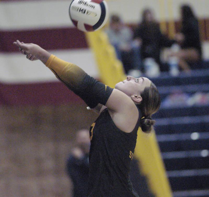 Sterling's Sydney Giffin returns a Dixon serve. Sterling hosted Dixon in Volleyball on August 26, 2025 at Musgrove Fieldhouse.