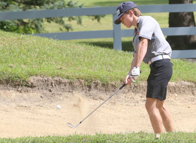 Streator's Keegan Angelico, gets out of the bunker during the Streator Bulldog Invitational on Monday, Aug. 25, 2025 at Eastwood Golf Course in Streator.