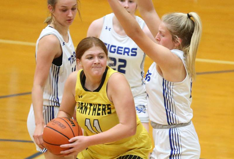 Putnam County's Maggie Spratt gets stuck in the lane as Princeton's Reese Reviglio blocks during the Princeton Holiday Girls Basketball Tournament on Tuesday, Nov. 19, 2024 at Princeton High School.