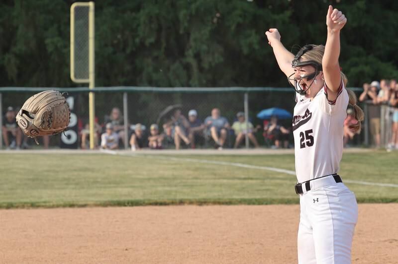 Antioch's Jacey Schuler throws her glove in celebration after her team recorded the last out in their Class 3A supersectional win over Sycamore Monday, June 5, 2023, at Kaneland High School in Maple Park.