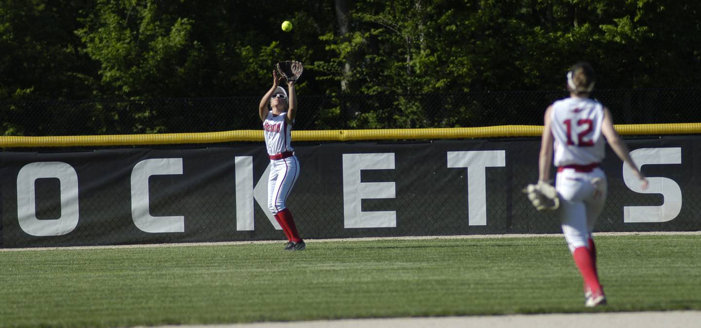 Oregon left fielder Haleigh Burkhart draws a bead on a fly ball against Rock Falls on Monday, May 6, 2024 in Rock Falls.