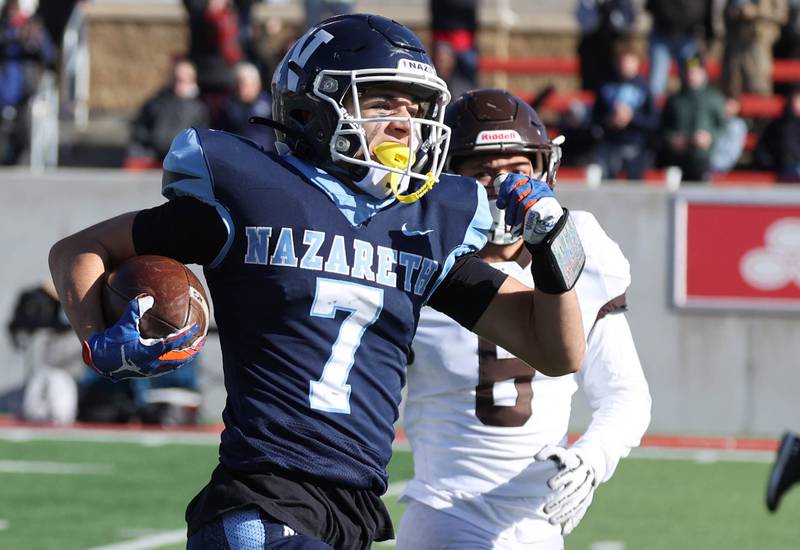 Nazareth's Jake Cestone gets behind the Joliet Catholic defense for a long reception Saturday, Nov. 25, 2023, during their IHSA Class 5A state championship game in Hancock Stadium at Illinois State University in Normal.