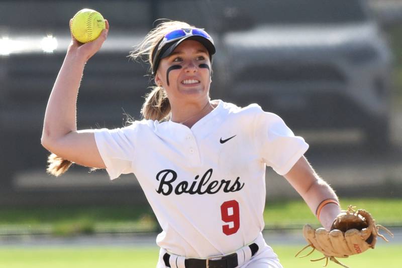 Bradley-Bourbonnais' Shannon Lee throws to first base during a home game against Lockport Tuesday, April 28, 2026.
