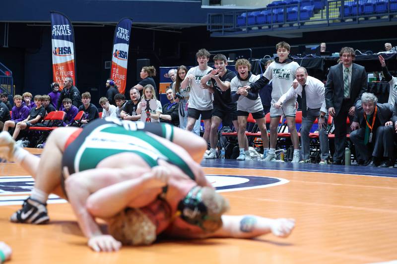 Coal City wrestlers and coaches cheer as Cade Poyner works to pin Vandalia's Dominic Swyers in the 285-pound match during the Coalers' IHSA Class 1A Dual Team State championship victory over Vandalia on Saturday, Feb. 28, 2026.