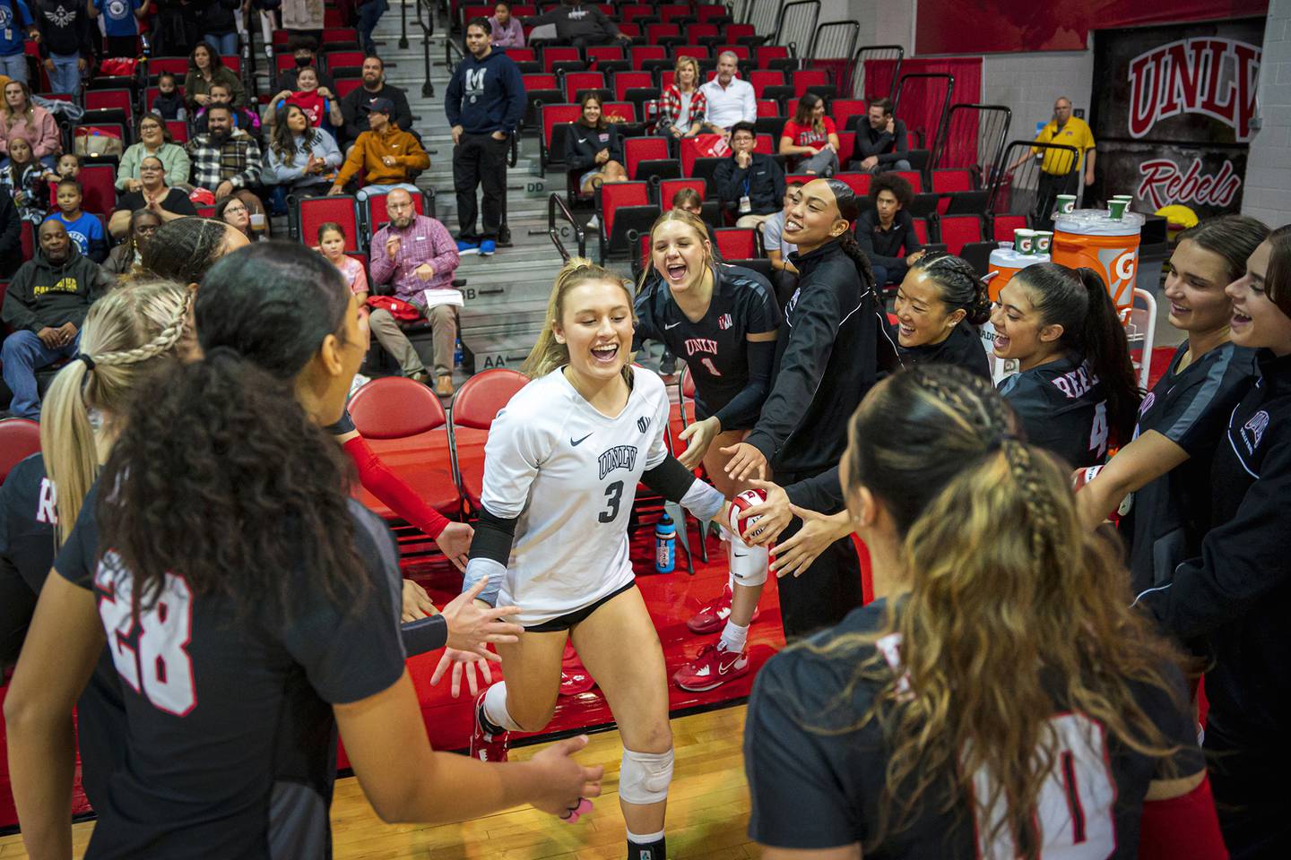 Rock Falls native Maya Sands is introduced as UNLV's starting libero during the Rebels' volleyball match against Wyoming at Cox Pavilion in Las Vegas on Nov. 17, 2022. The Rebels won 3-1 and were crowned the Mountain West regular-season champions. Sands started all season at libero for UNLV, and is transferring to Missouri for next season.