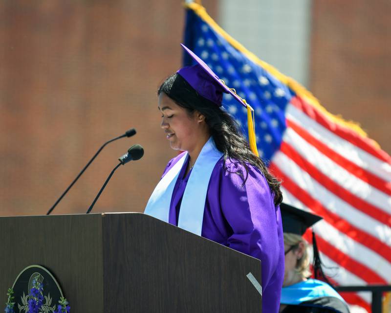 Downers Grove North Graduation Speaker and Senior Isabella Cervantes talks during graduation held at Downers Grove North High School on Sunday May 19, 2024.