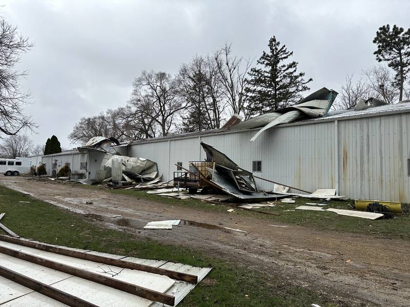 Huntoon Stables in North Aurora suffered damage from a storm that ripped through the area on Friday, March 31, 2023.