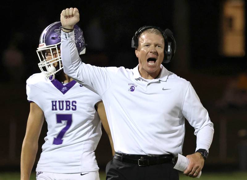 Rochelle head coach Kyle Kissack instructs his offense during their game Friday, Sept. 19, 2025, at Sycamore High School.