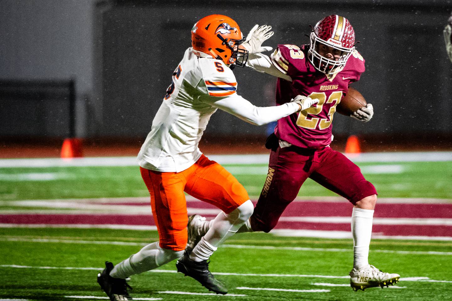 Morris's AJ Zweeres pushes back against Mahomet-Seymour's Quenton Rogers during the IHSA Quarterfinals  Saturday Nov. 12, 2022 at Morris  High School