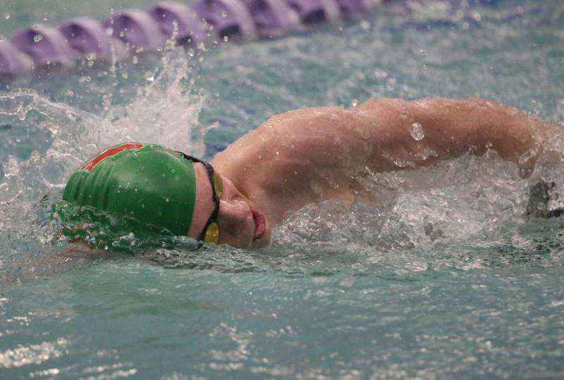 L-P Co-op swimmer Beckham Baker competes in the 500  yard freestyle event during a triangular meet against Morrison and Olympia on Wednesday, Jan. 22, 2025 at the Illinois Valley YMCA in Peru.