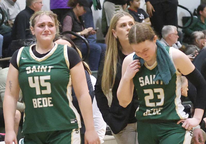 St. Bede's Savanna Bray and teammate Lili McClain react after losing to Alleman in the Class 2A Regional finals on Thursday, Feb. 19, 2026 at St. Bede Academy.