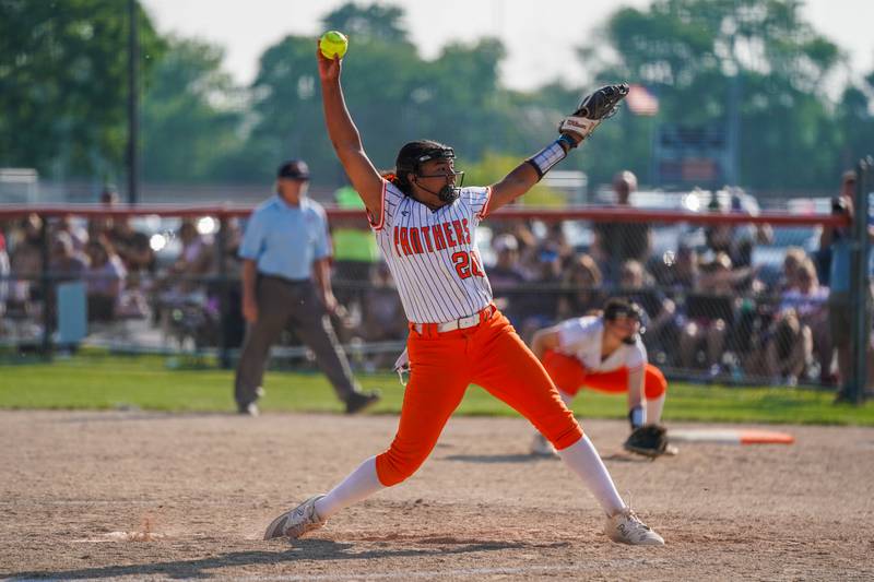 Oswego’s Jaelynn Anthony (20) delivers a pitch against Wheaton North during a Class 4A Oswego Sectional Final game at Oswego High School on Friday, June 6, 2025.