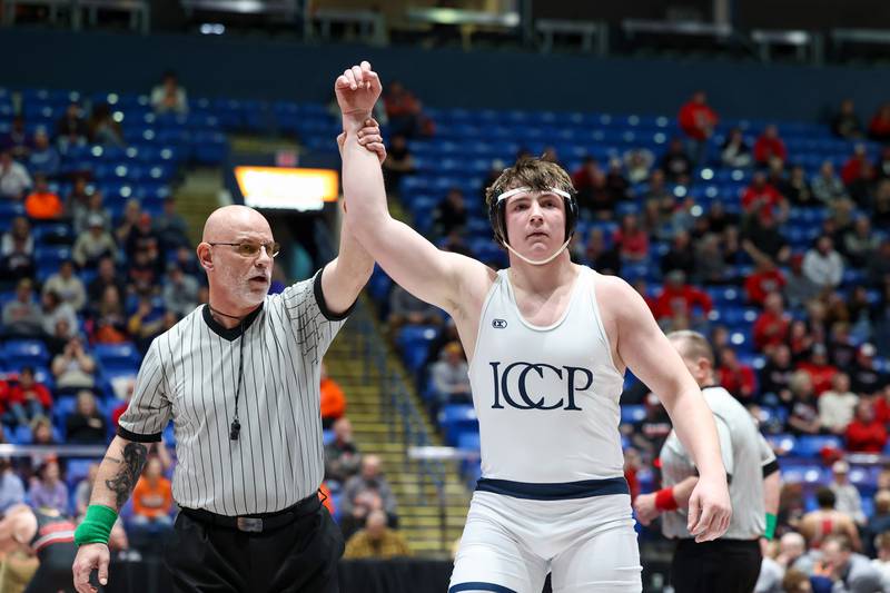 IC Catholic's Anthony Sebastian claimed a 285-pound match win over Providence Catholic's Ryan Lenahan during IC Catholic's victory in the IHSA Class 2A Dual Team State championship on Saturday, Feb. 28, 2026.