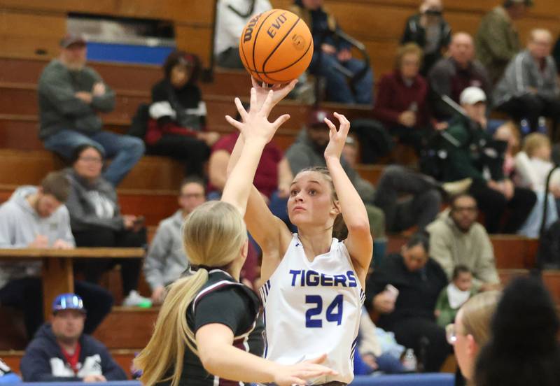 Princeton's Keighley Davis shoots a jump shot over Illinois Valley Centra's Kayt Miller during the Princeton High School Girls Basketball Holiday Tournament on Saturday, Nov. 22, 2025 at Princeton HIgh School.