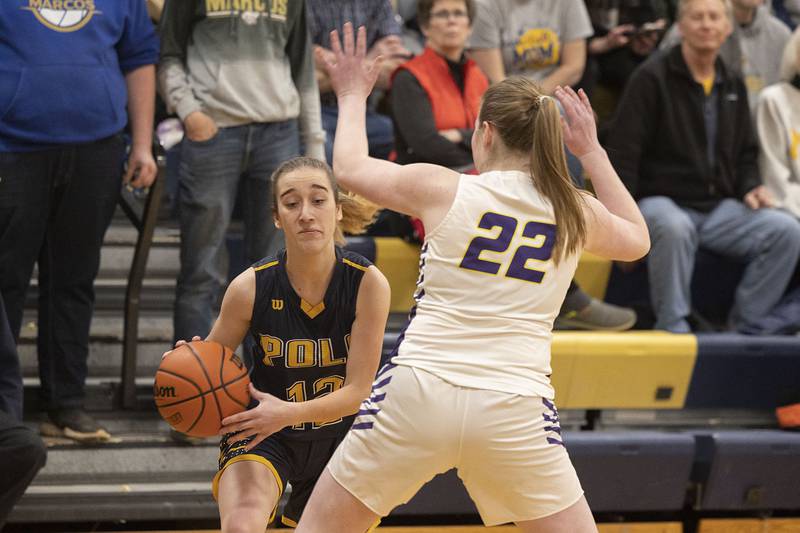 Polo’s Jasmyn Ludewig handles the ball Tuesday, Feb. 21, 2023 in the sectional semifinal against Orangeville.