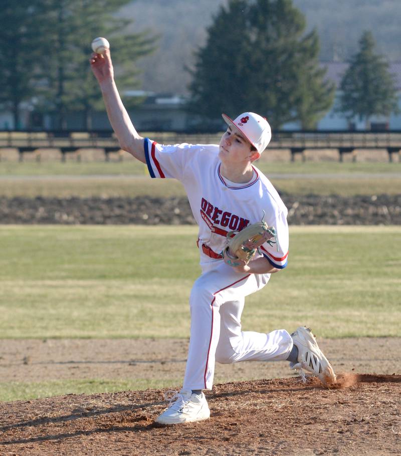 Oregon's Landon Ziller pitches against Harvard on Monday, March 23, 2026 at Oregon High School.