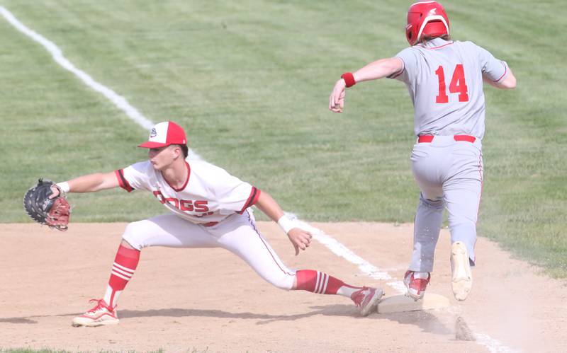 Streator's Cooper Spears forces out Ottawa's Ottawa's Ryan Chamberlain at first base on Tuesday, May 16, 2023 at Streator High School.
