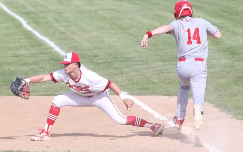 Streator's Cooper Spears forces out Ottawa's Ottawa's Ryan Chamberlain at first base on Tuesday, May 16, 2023 at Streator High School.