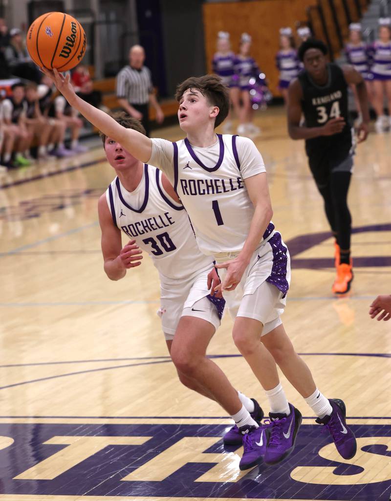 Rochelle's Cohen Haedt puts up a shot as time runs out in the first half against Kaneland Tuesday, Feb. 3, 2026, in their game at Rochelle High School.