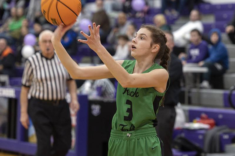 Rock Falls’ Ashley Rodriguez puts up a shot against Dixon Friday, Jan. 31, 2025, at Dixon High School.