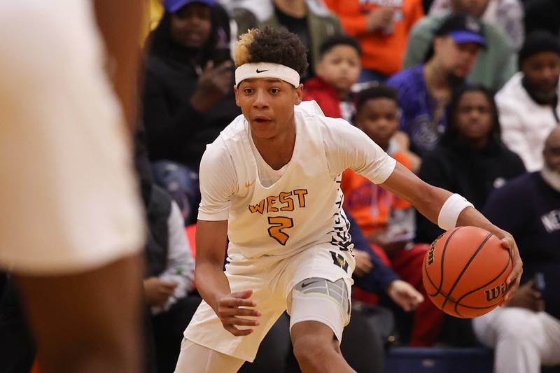 Joliet West’s Jeremiah Fears looks to make a play against Romeoville on Tuesday January 31st, 2023.