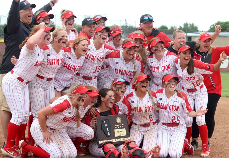 Barrington celebrate a win over Huntley at the Class 4A Huntley Sectional championship, Saturday, June 4, 2022.