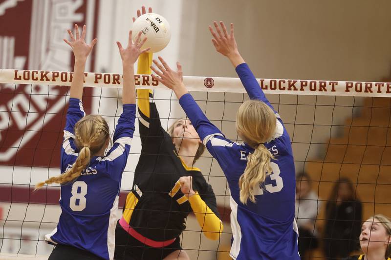 Joliet West’s Brooke Schwall goes for the kill against Sandburg in the in the Class 4A Lockport Sectional title match on Wednesday.