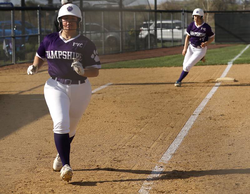 Hampshire's Dylenn Hultberg  runs home to score a run during a Fox Valley Conference softball game against Burlington Central on Tuesday, April 21, 2026, at Hampshire High School.