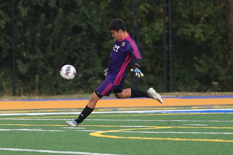 Joliet Central keeper Gustavo Pacheco puts the ball in play against Plainfield South on Tuesday, Sept. 5, 2023 in Joliet.