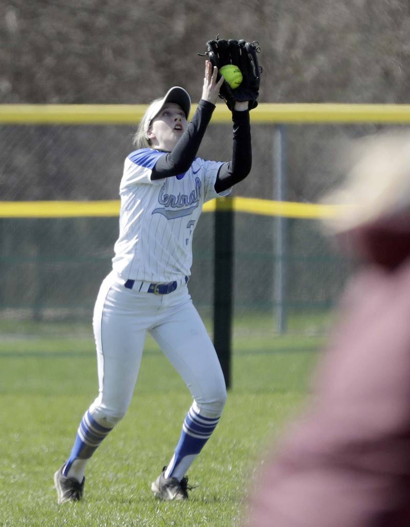 Burlington Central's Savannah L'Huillier reels in a long shot by Streamwood during the Larkin Slugfest Softball Tournament on Saturday, April 16, 2022 in Elgin.