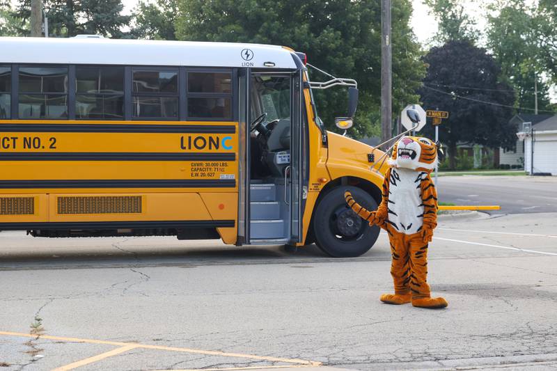 The Herscher Tigers mascot, embodied by administrative assistant Kathy Astrella, twirls the tiger tail as she awaits more Herscher Intermediate School students arriving for the first day of school on Tuesday, Aug. 19, 2025.