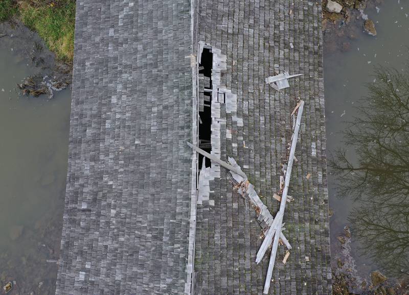 An aerial photo of the Red Covered Bridge on Monday, Nov. 18, 2024 in Princeton. On Nov. 16, 2023, a semi truck caused severe structural damage on much of the 149-foot bridge that was built in 1863.