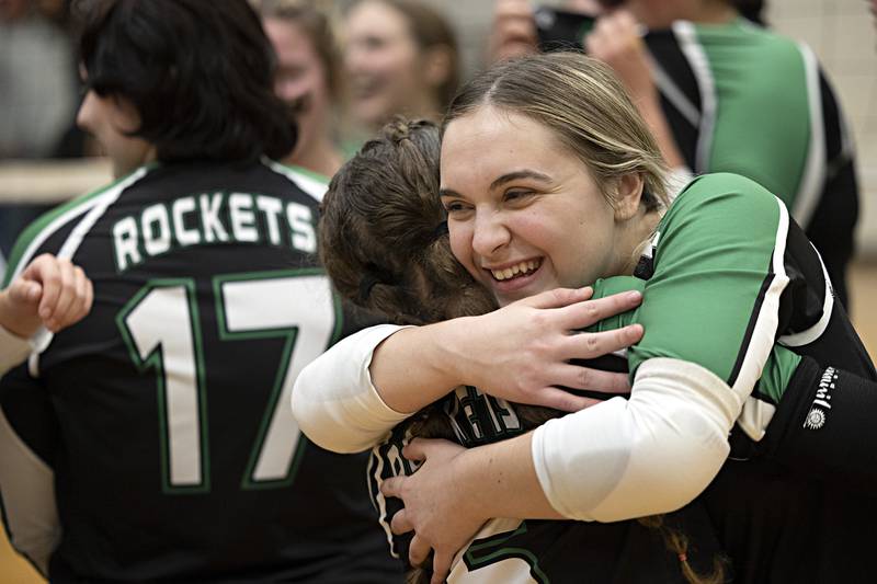 The Rock Falls volleyball team celebrates after beating Chicago Christian in two sets Friday, Nov. 3, 2023 in the class 2A volleyball supersectional in Sandwich.