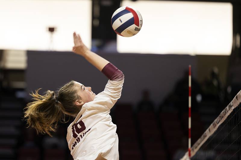 Prairie Ridge's Adeline Grider goes up for a spike against DePaul College Prep Saturday, Nov. 16, 2024, in the Class 3A third place state volleyball match at CEFCU Arena in Normal.