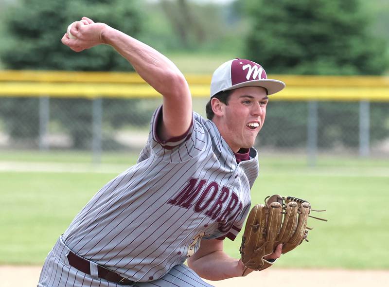 Morris' Cade Laudeman delivers a pitch Wednesday, May 13, 2026, during their game at the Sycamore Community Sports Complex.