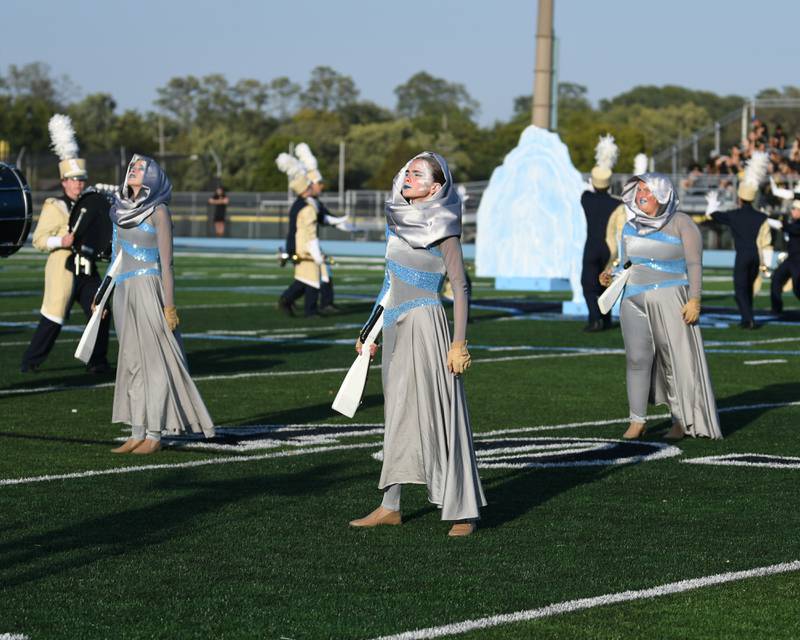 Lemont’s band and color guard performs on Saturday Oct. 5, 2024, at the Downers Grove South Marching Mustangs Music Bowl held at Downers Grove South’s football field.